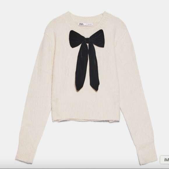 Zara Black Velvet Bow Cropped Sweater Cream Size Small - Picture 2 of 16